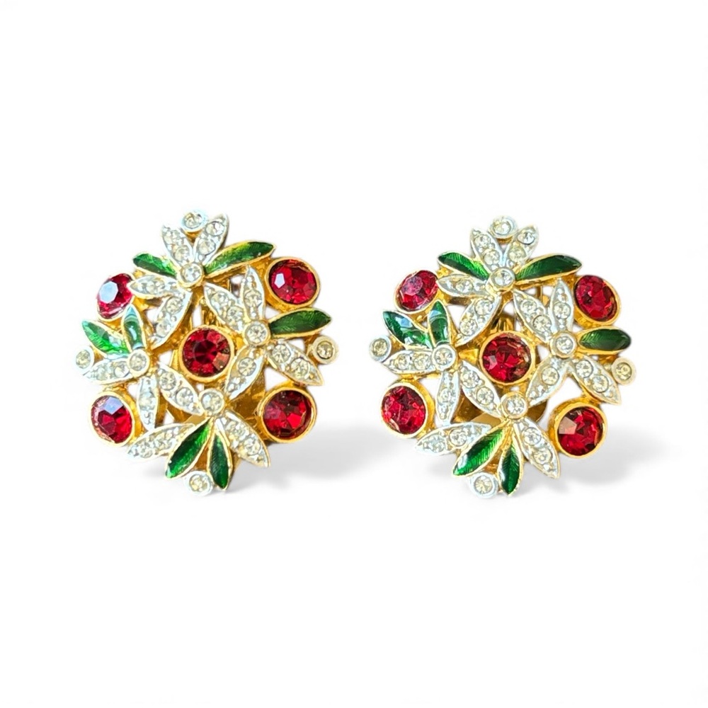 Vintage Red Clear Green‎ Crystal and Enamel Holiday Clip On Earrings Signed E680
